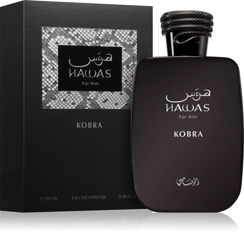 Perfume masculino Hawas For Him Kobra com frasco preto e caixa preta texturizada