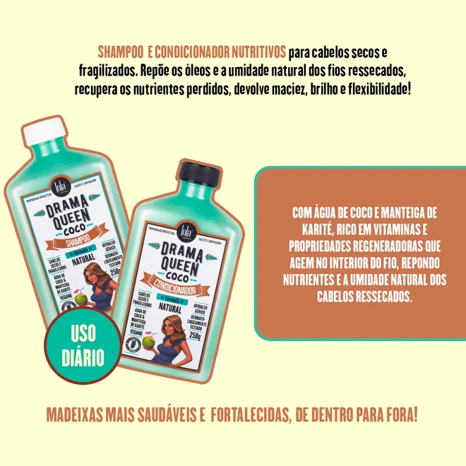 Frascos de shampoo e condicionador DRAMA QUEEN COCO com informações de uso e benefícios