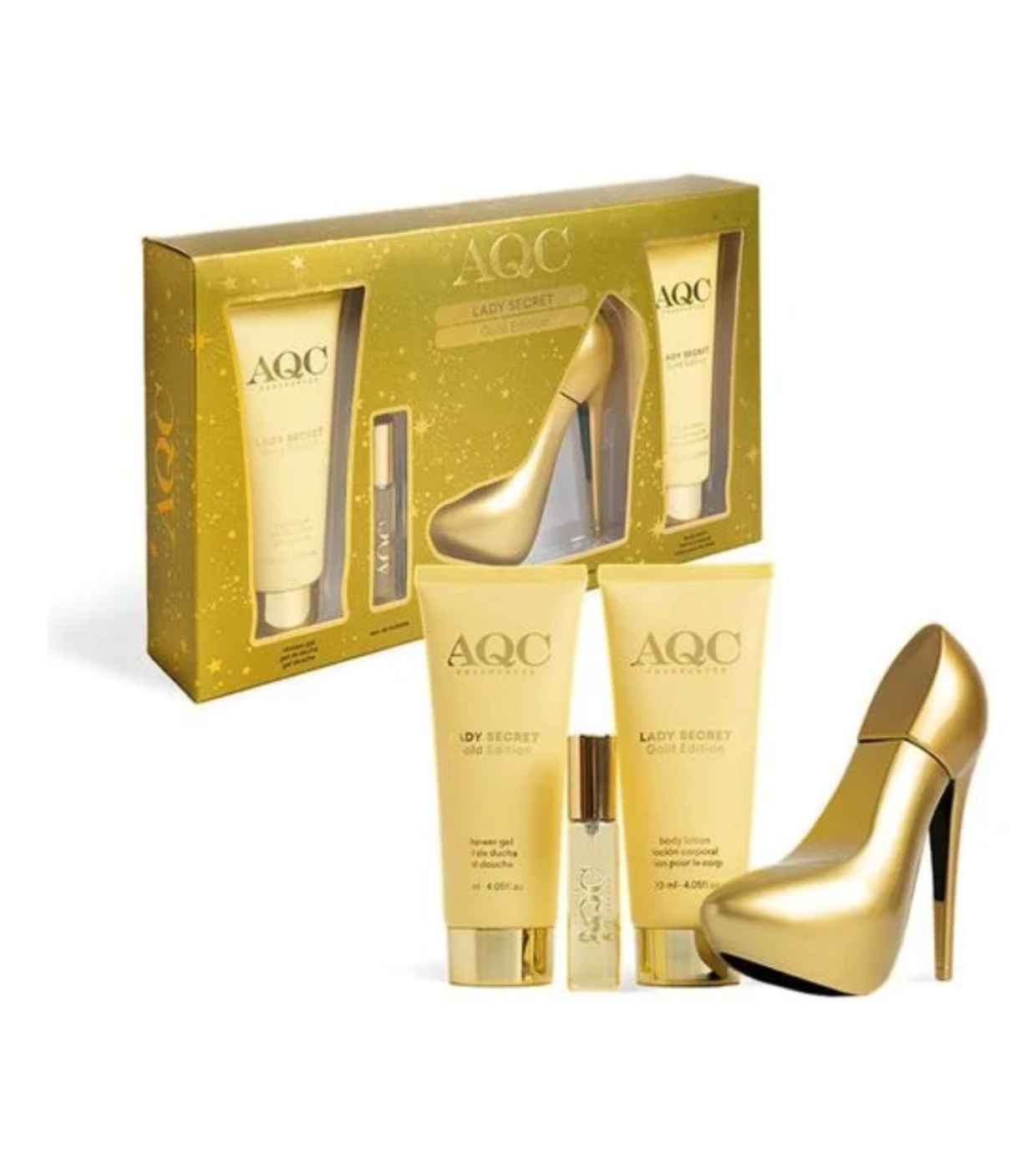 Conjunto de produtos AQC Lady Secret Gold Edition com embalagem e frascos dourados e um frasco em forma de sapato de salto alto.