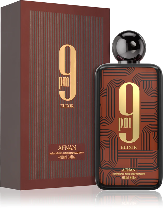 Frasco e caixa de perfume 9 PM ELIXIR castanho escuro e dourado com padrões geométricos pretos