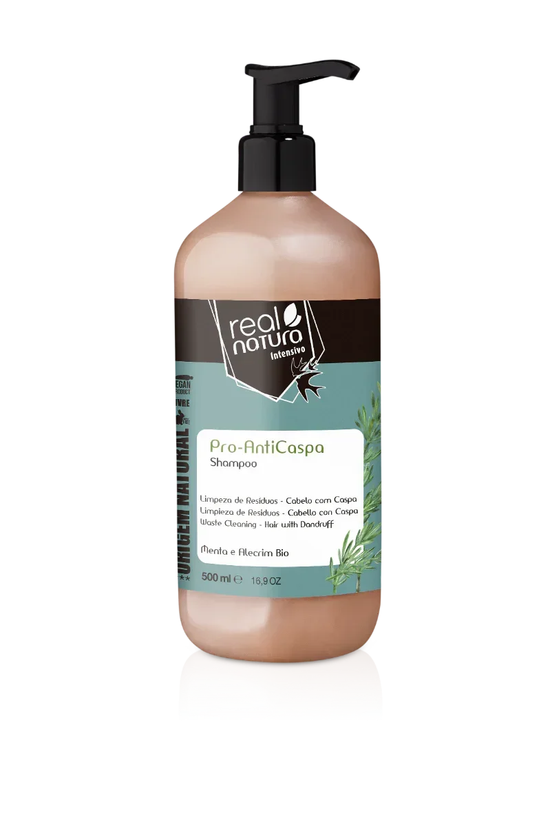 Frasco de shampoo Real Natura Pro-AntiCaspa 500 ml com doseador preto