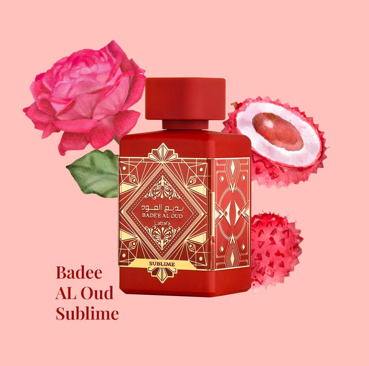 Frasco vermelho de perfume Badee AL Oud Sublime com decoração dourada
