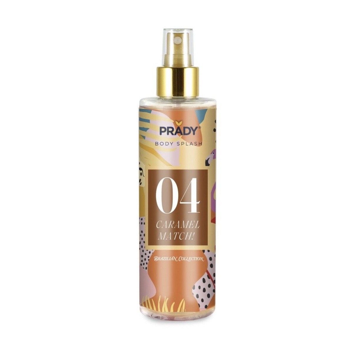 Frasco plástico com spray dourado e rótulo colorido com texto PRADY Body Splash 04 Caramel Match