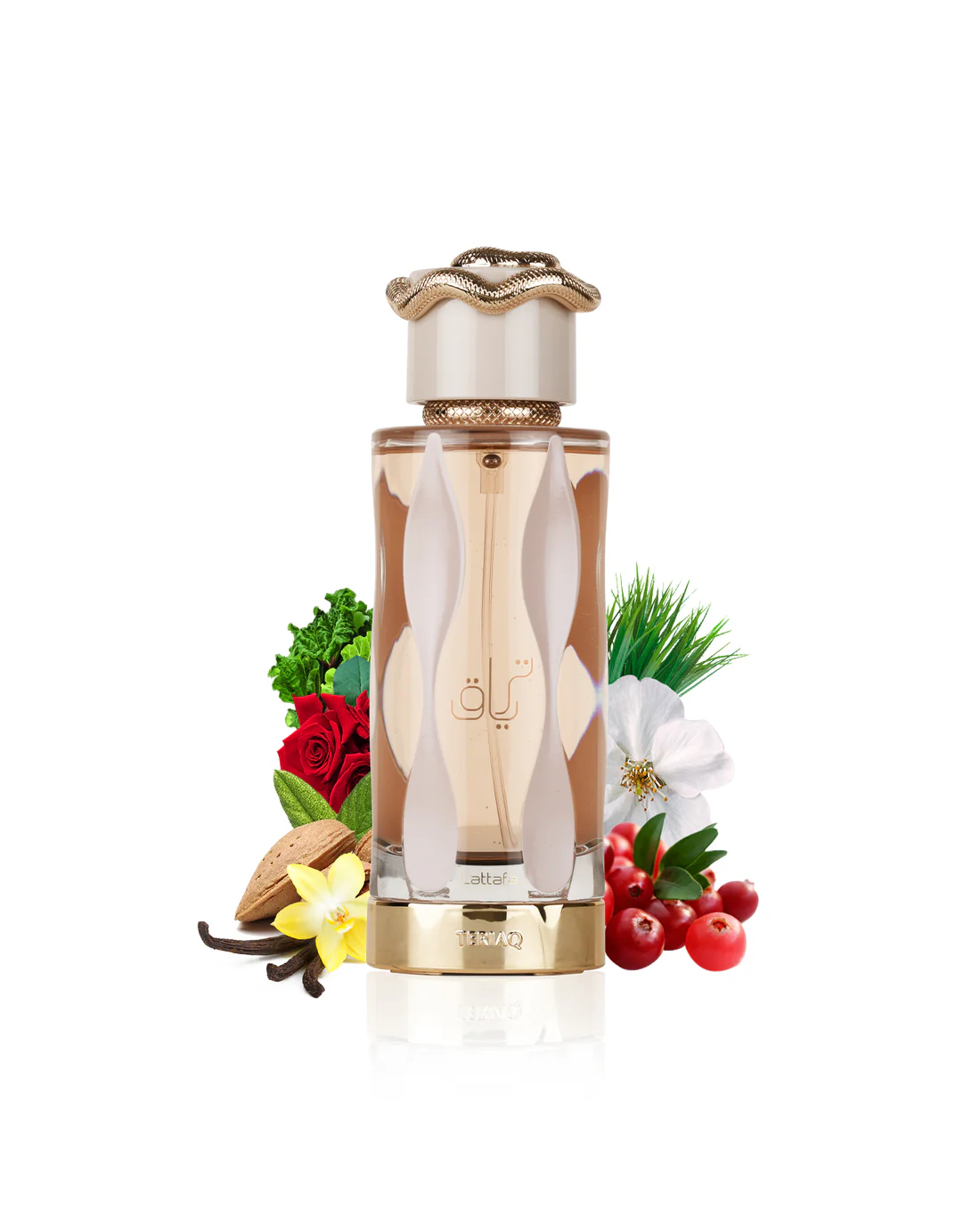 Frasco de perfume com tampa dourada e decorativa rodeado por flores e frutos.