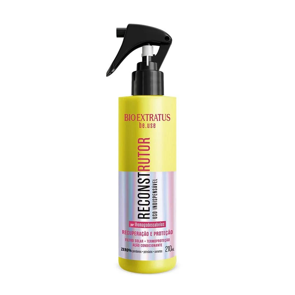 Frasco amarelo com tampa preta e pulverizador, produto Bio Extratus Reconstrutor