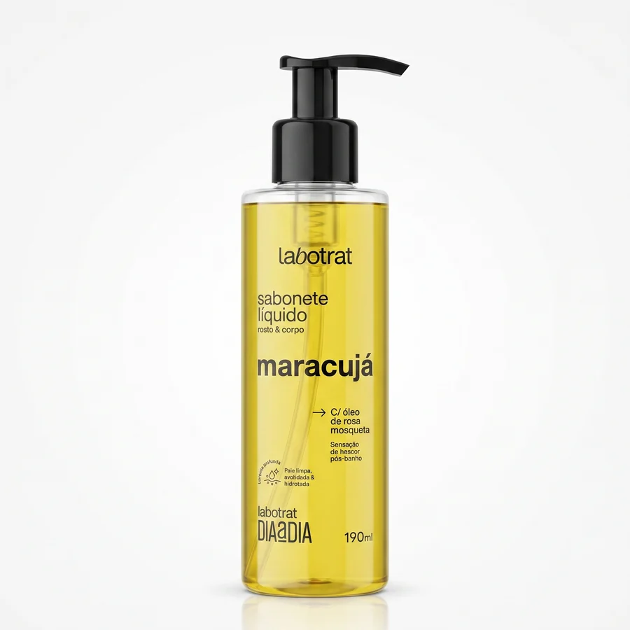 Frasco transparente de sabonete líquido amarelo com doseador preto labotrat maracujá 190 ml