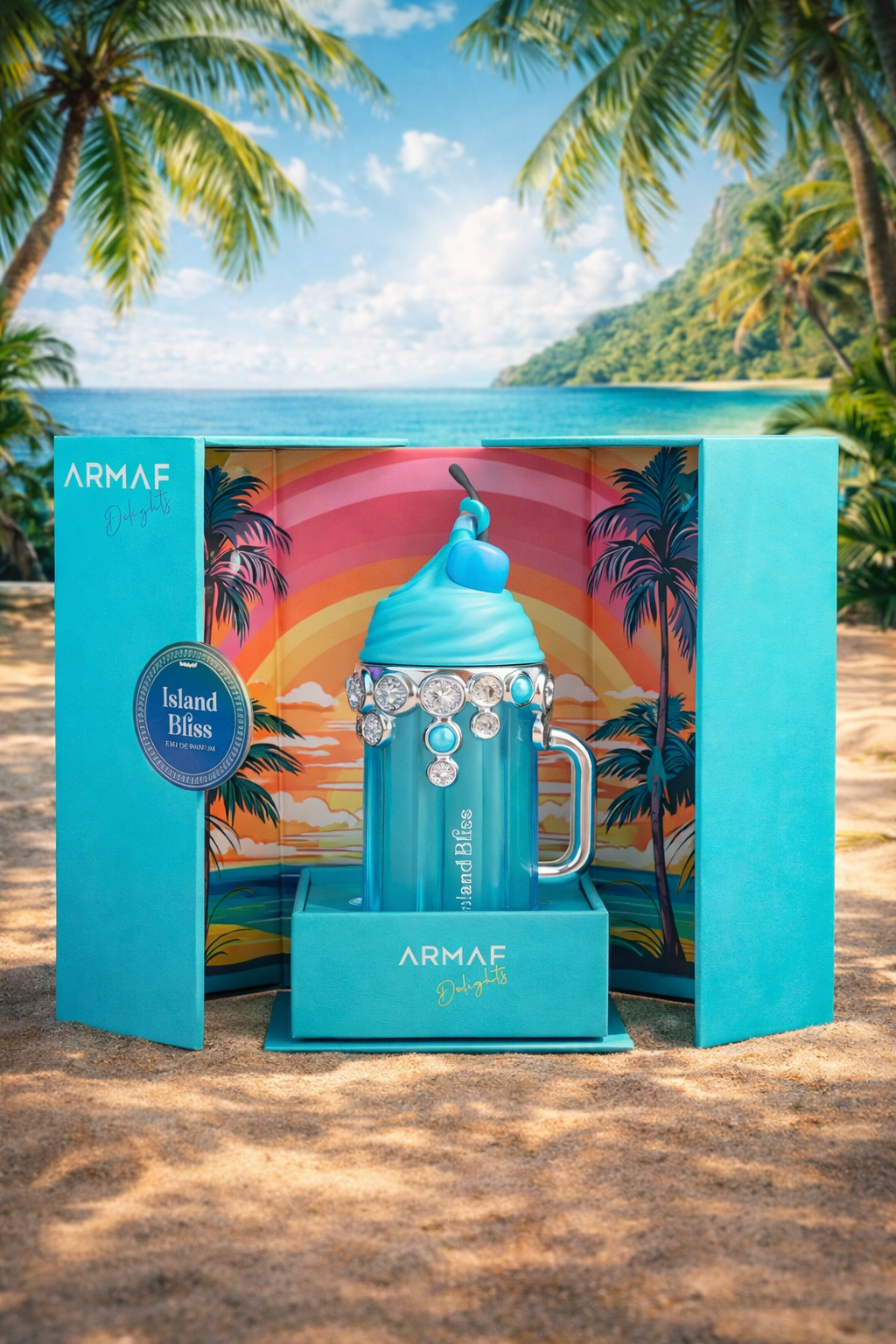 Frasco de perfume azul com decoração brilhante em caixa azul em cenário de praia tropical