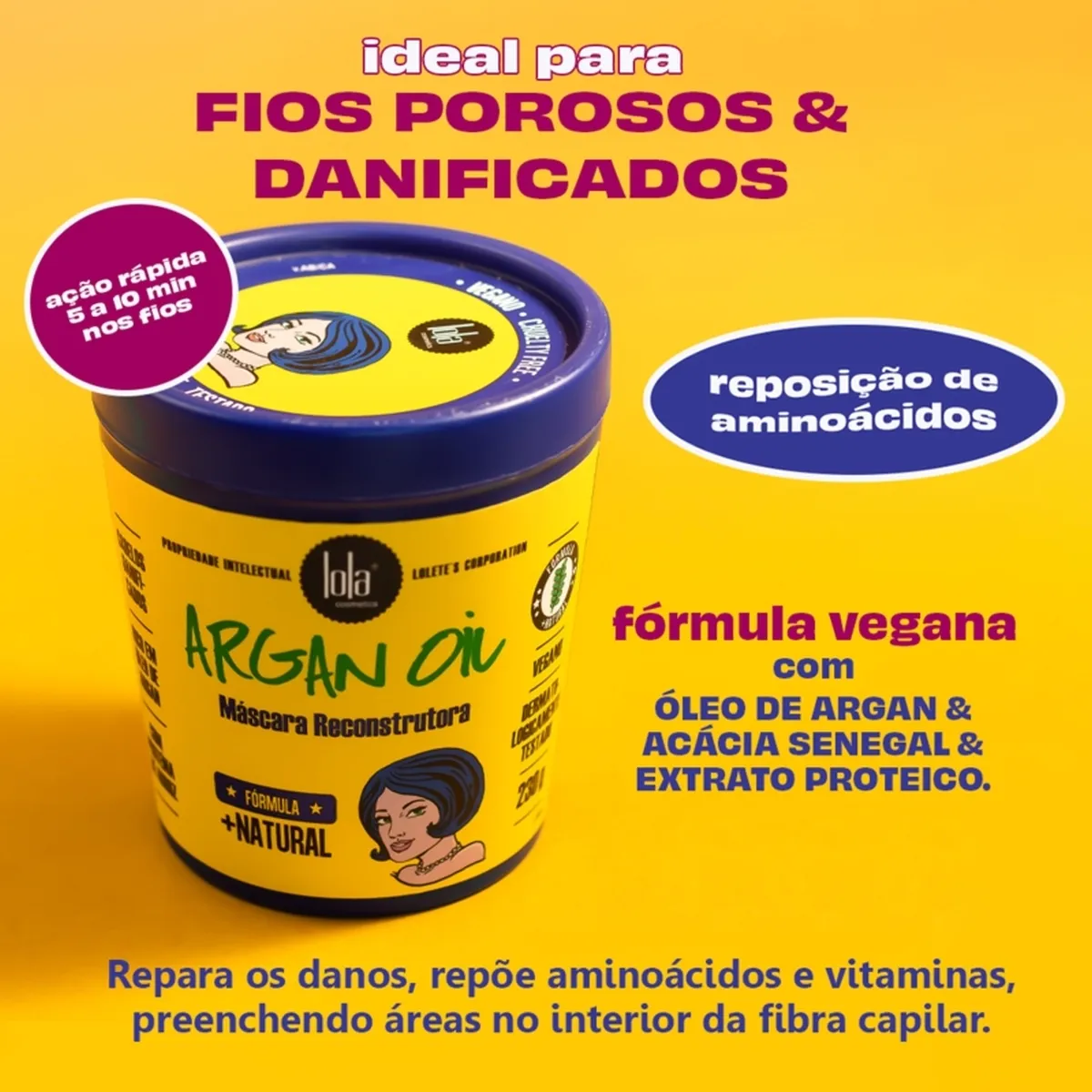 Embalagem amarela e azul de máscara capilar Argan Oil da Lola Cosmetics para fios danificados