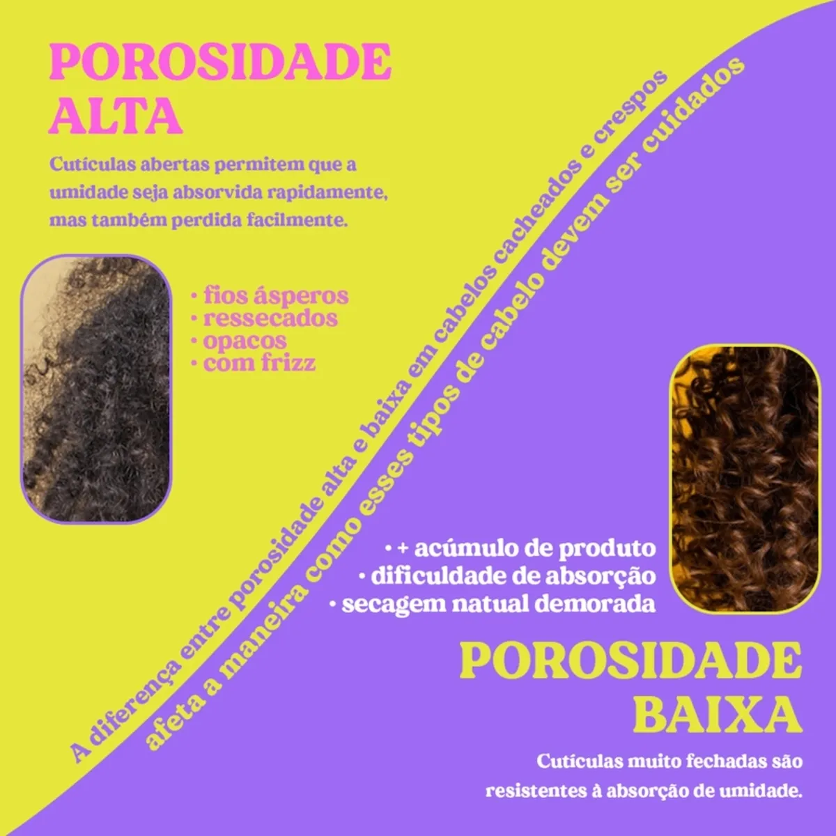 Comparação entre cabelo com porosidade alta e baixa com texto explicativo em fundo amarelo e lilás.