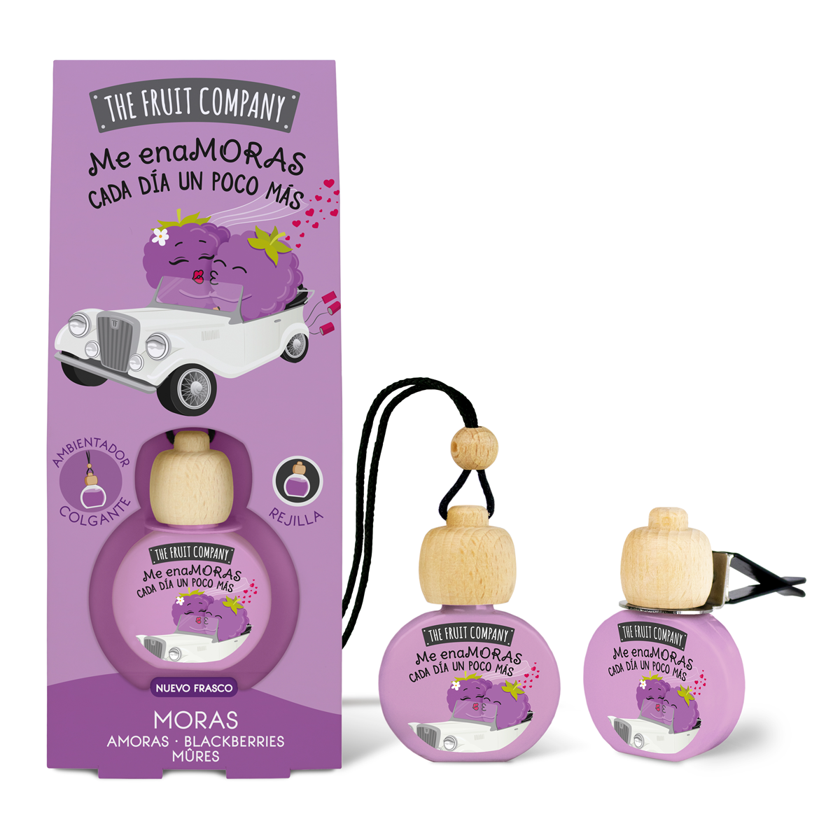 Conjunto de ambientadores lilás com aroma de moras e embalagem com desenho de amoras e texto em espanhol.