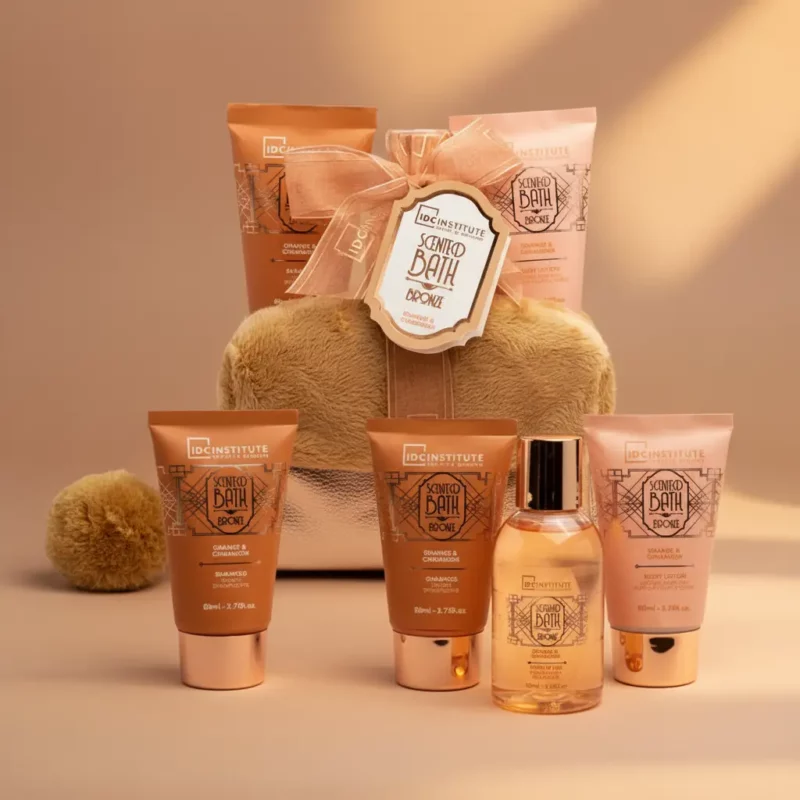 Conjunto de produtos de banho IDC Institute Scented Bath Bronze com esponja e frascos em tons castanhos e rosa
