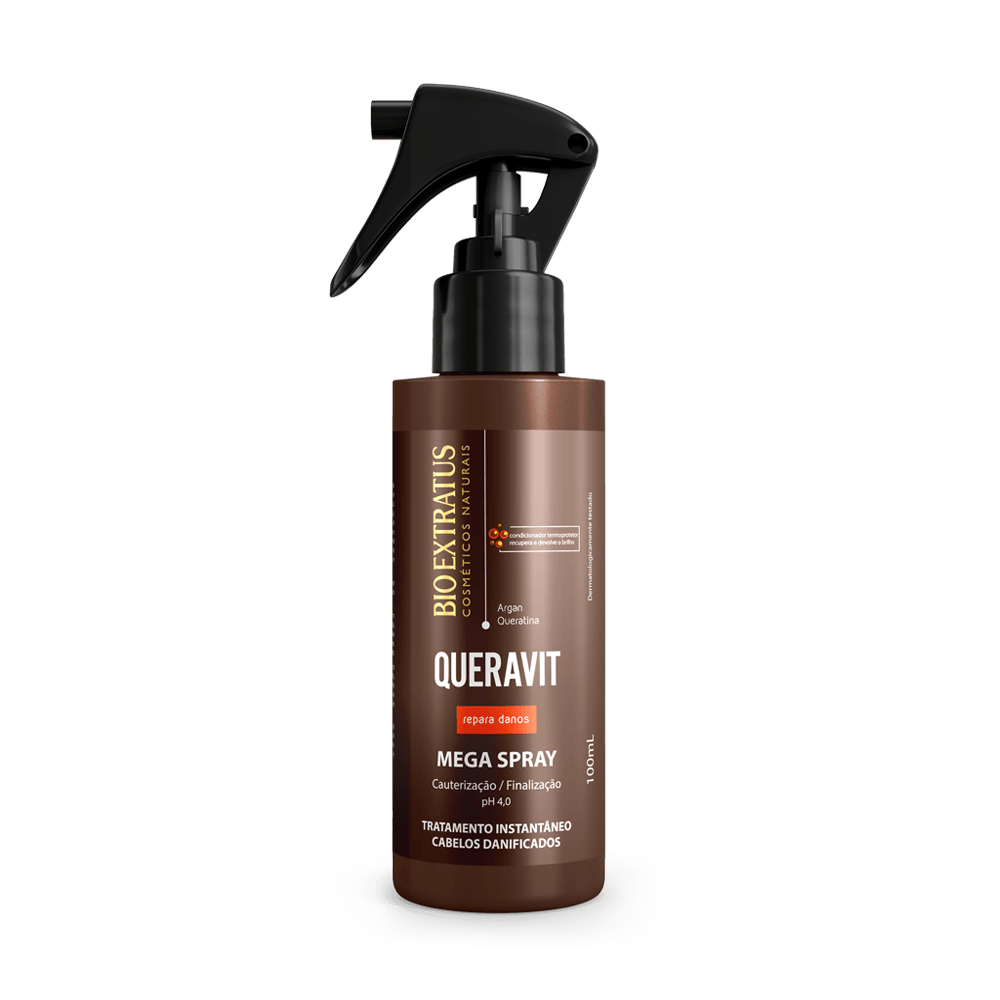 Frasco castanho com tampa de spray preta do produto Bio Extratus Queravit Mega Spray