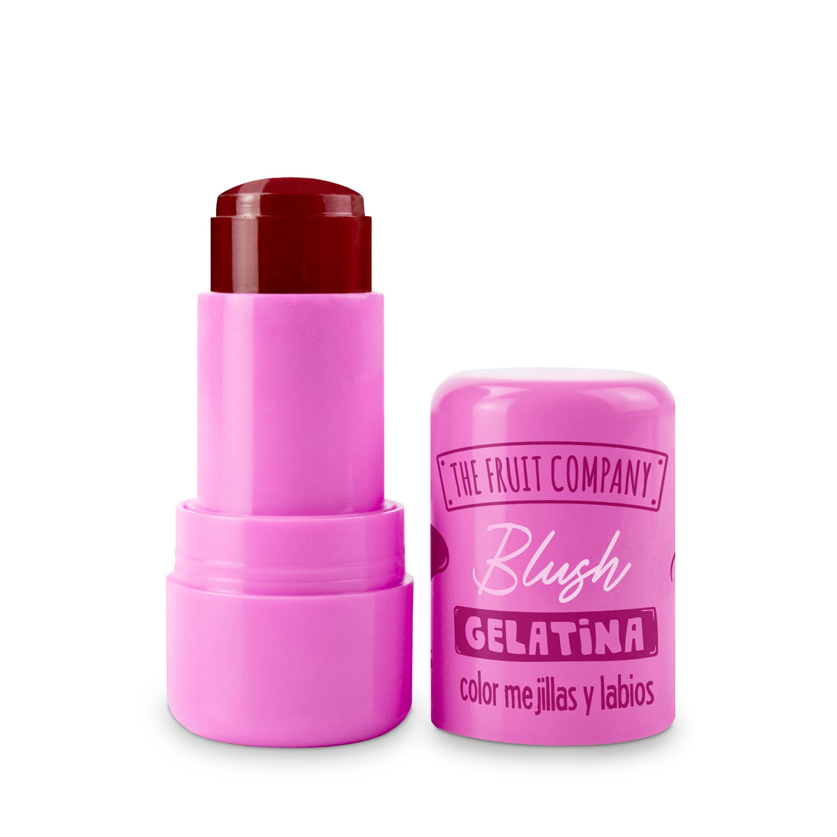 Blush em bastão rosa com tampa cor de rosa contendo texto em roxo