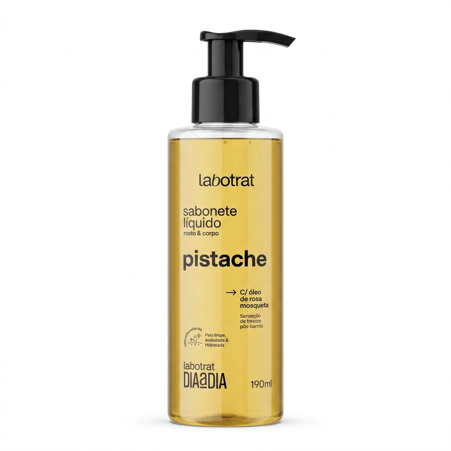 Frasco de sabonete líquido amarelo com tampa preta e texto labotrat pistache
