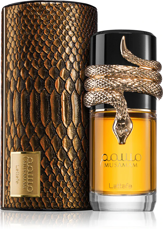 Frasco de perfume Musami M com revestimento de escamas e serpente decorativa