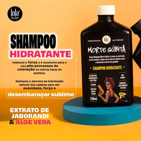 Frasco preto de shampoo hidratante Morte Súbita com texto em fundo amarelo e laranja
