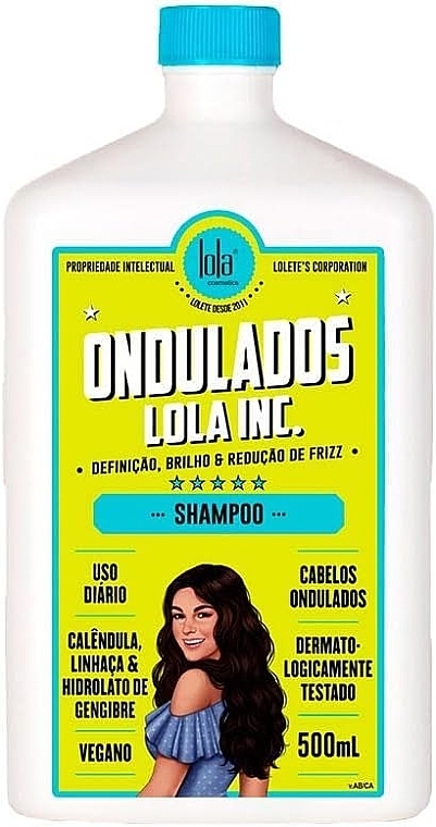 Frasco branco de shampoo Ondulados Lola Inc. com rótulo amarelo e tampa azul