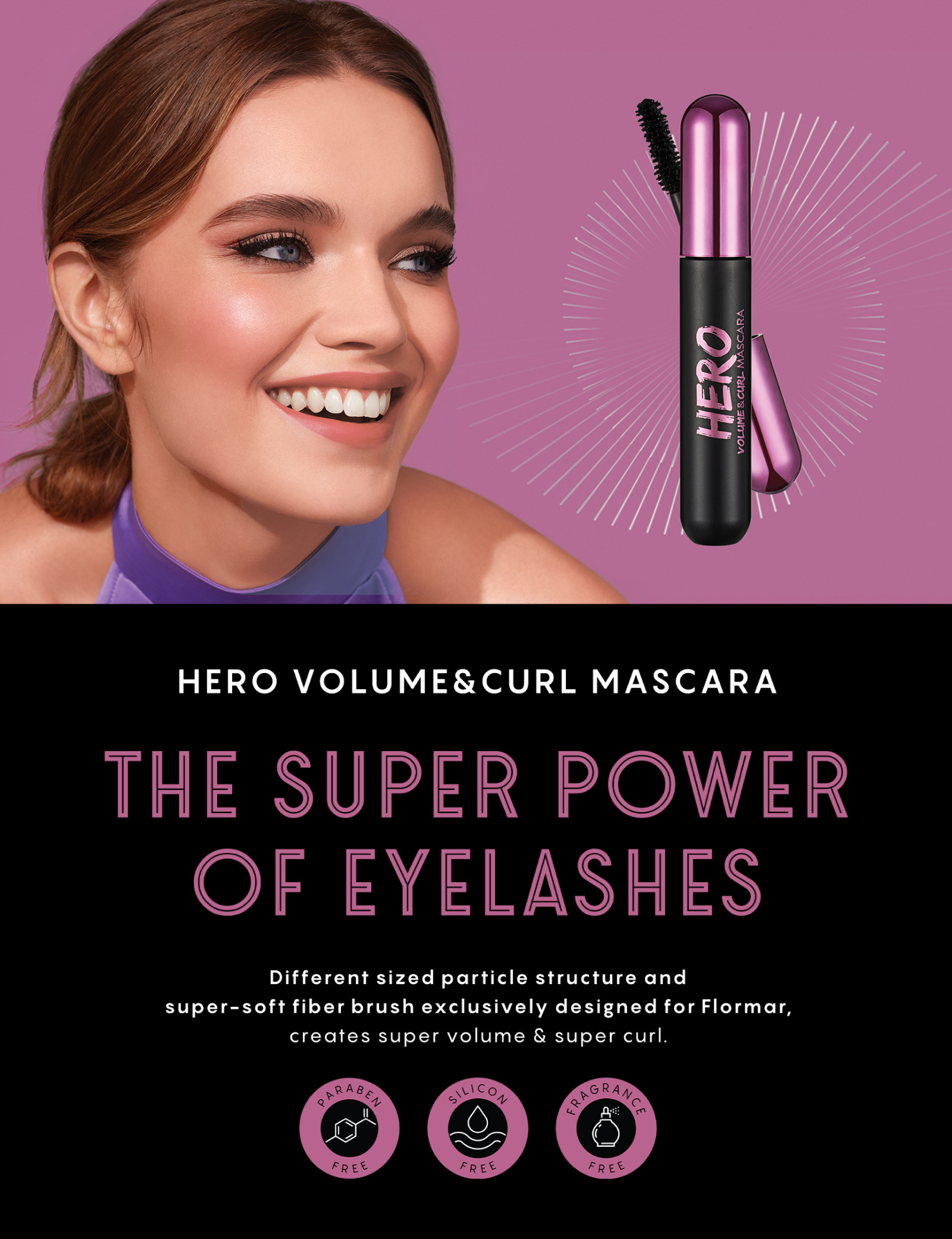 Máscara de pestanas HERO Volume&Curl com embalagem preta e tampa rosa ao lado de rosto sorridente feminino e texto promocional num fundo rosa e preto