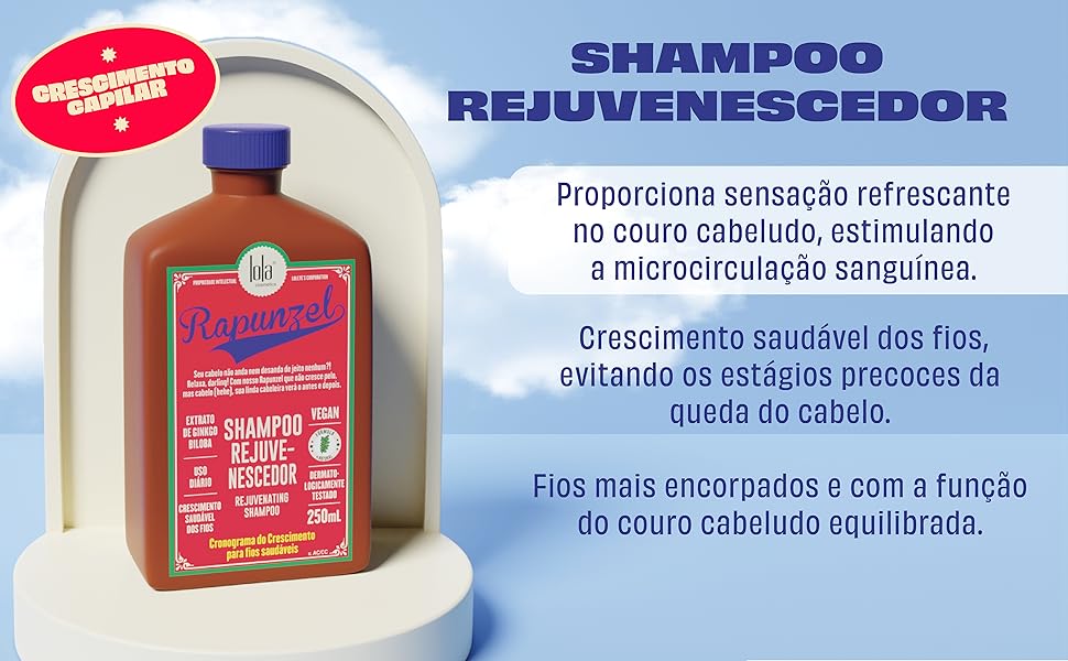 Frasco de shampoo rejuvenecedor Rapunzel com tampa azul e rótulo vermelho e verde