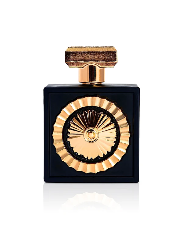 Frasco de perfume preto com detalhes dourados
