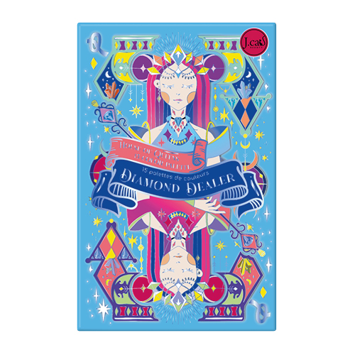 Cartão azul com design de personagem fantasia e texto DIAMOND DEALER