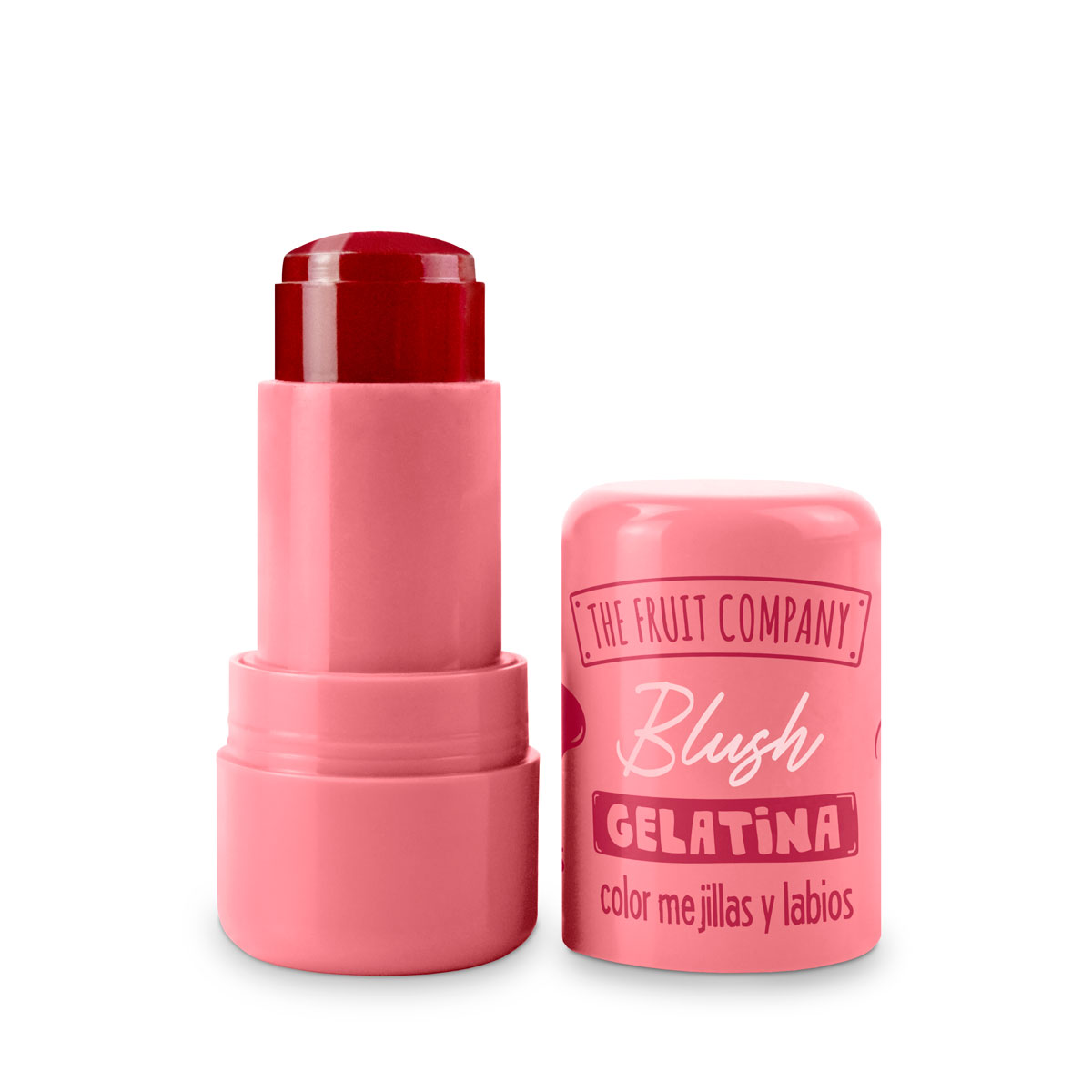 Blush em stick rosa com tampa ao lado e texto vermelho