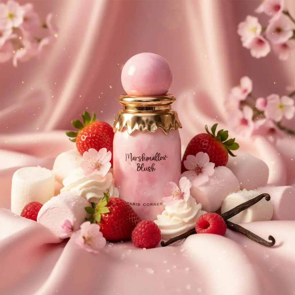 Frasco rosa do produto Marshmallow Blush com morangos, marshmallows e flores em fundo rosa