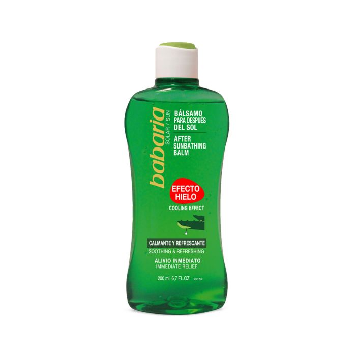 Frasco verde de bálsamo after sun Babaria com texto em espanhol e inglês