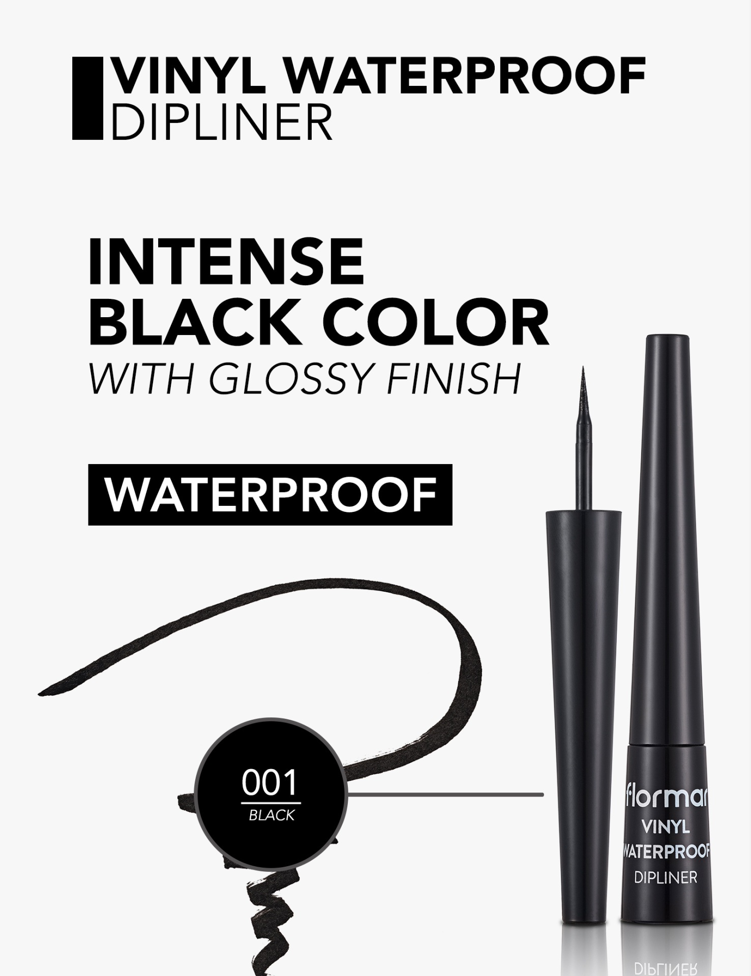 Delineador líquido preto flormar VINYL WATERPROOF DIPLINER com pincel fino e tampa longa