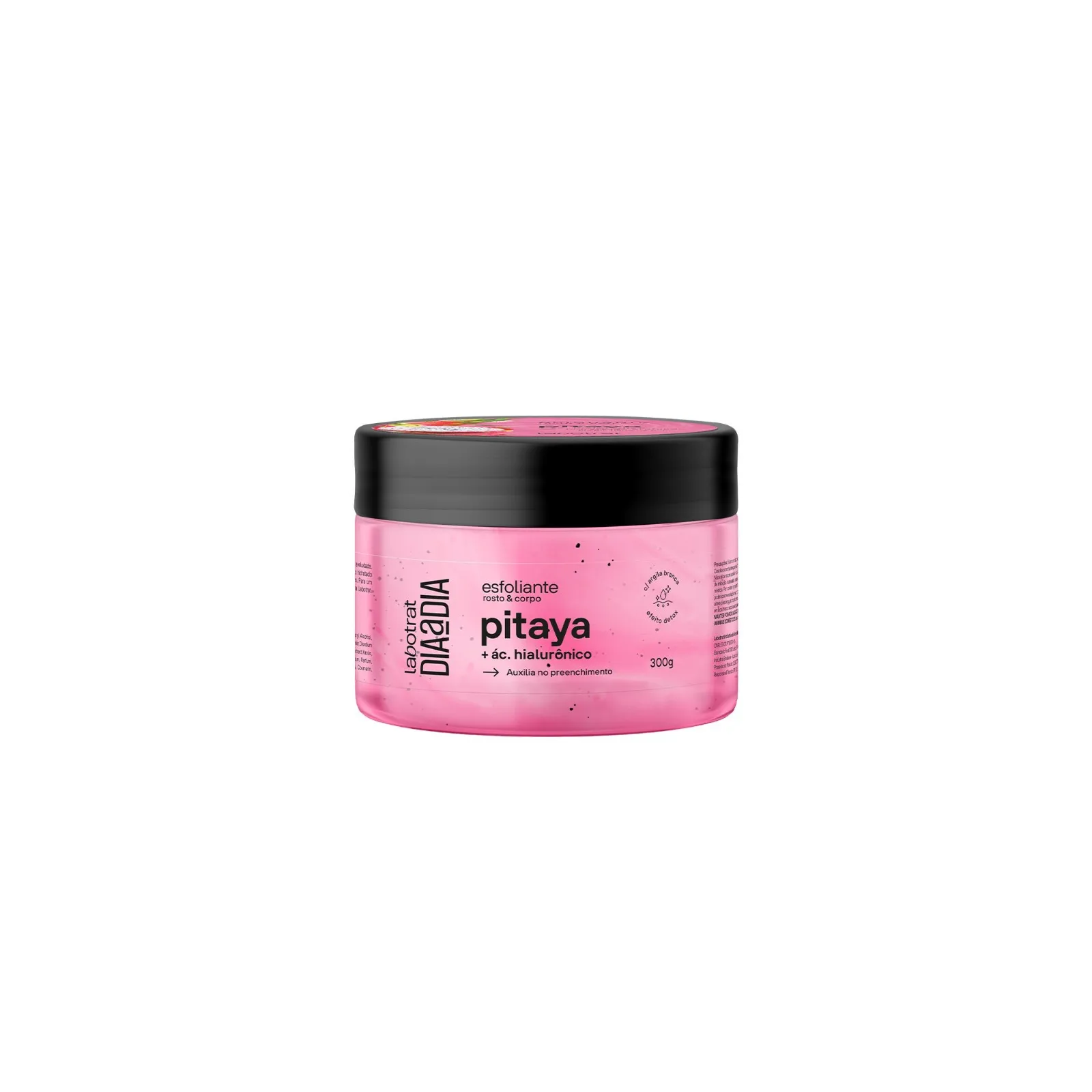 Frasco rosa de esfoliante Pitaya com tampa preta
