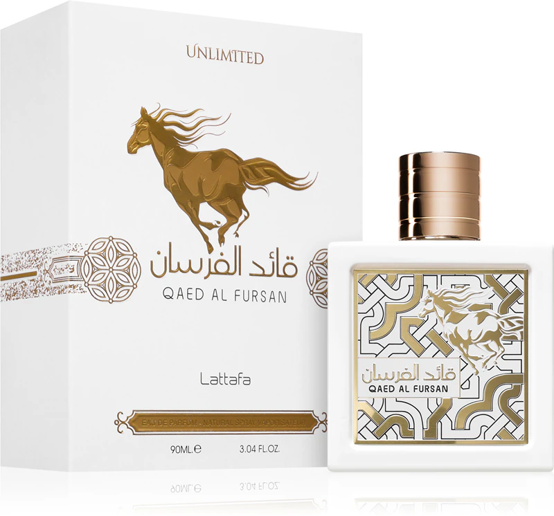 Frasco e caixa de perfume branco com cavalo dourado e padrões geométricos