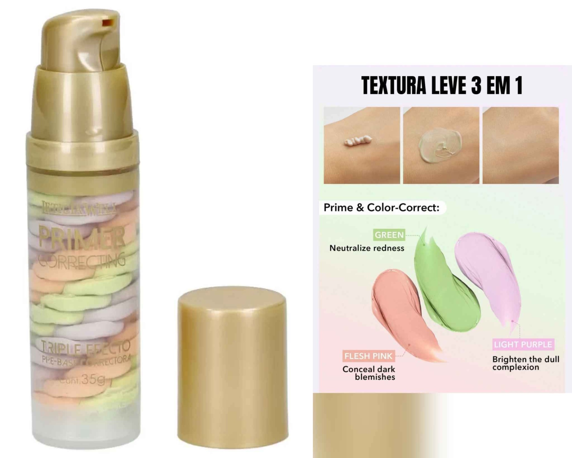 Frasco de creme colorido com tampa dourada e imagem explicativa de textura e cores para correção de pele