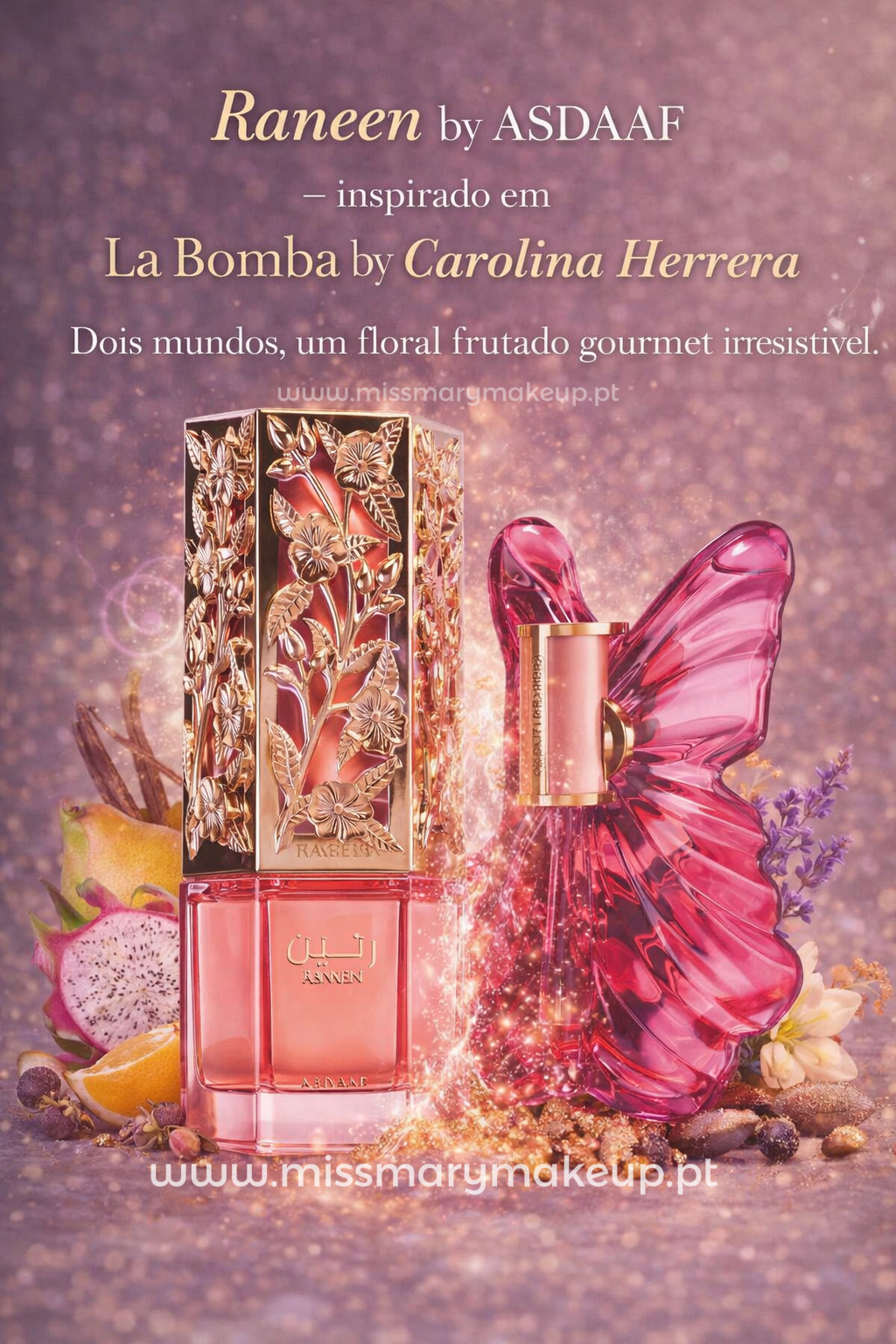Dois frascos de perfume rosa, um quadrado com tampa dourada floral e outro em forma de asas de borboleta rosa