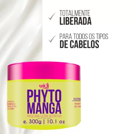 Recipiente amarelo com tampa rosa da máscara Phyto Manga da Widi Care para cabelos