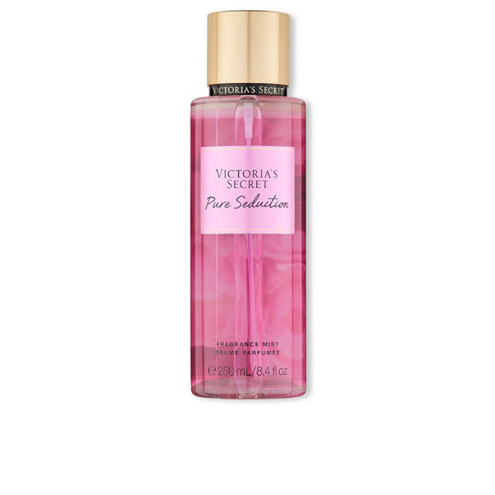 Frasco de spray Victorias Secret Pure Seduction com líquido rosa e tampa dourada