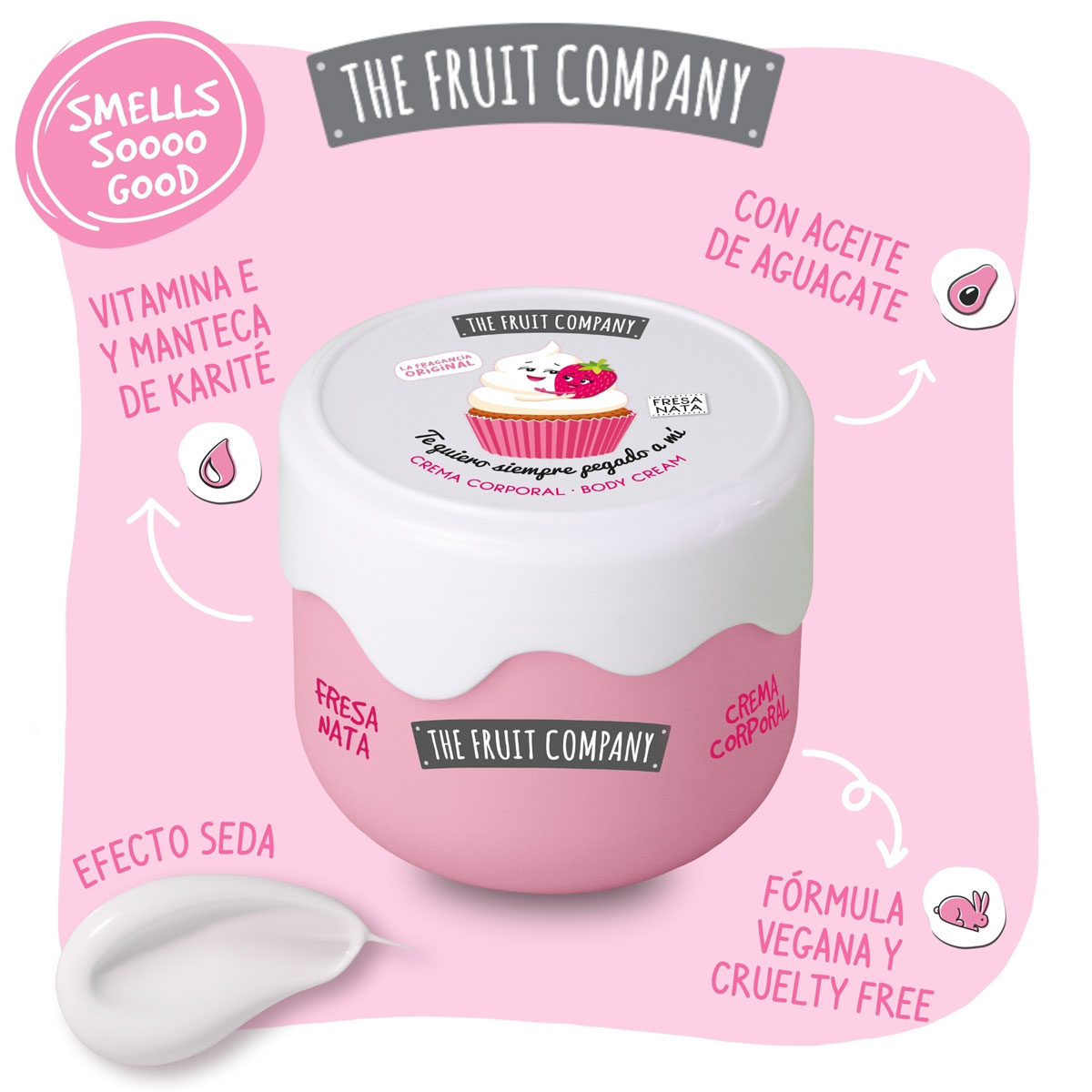 Embalagem rosa e branca de creme corporal The Fruit Company 'Fresa Nata' com texto promocional em espanhol