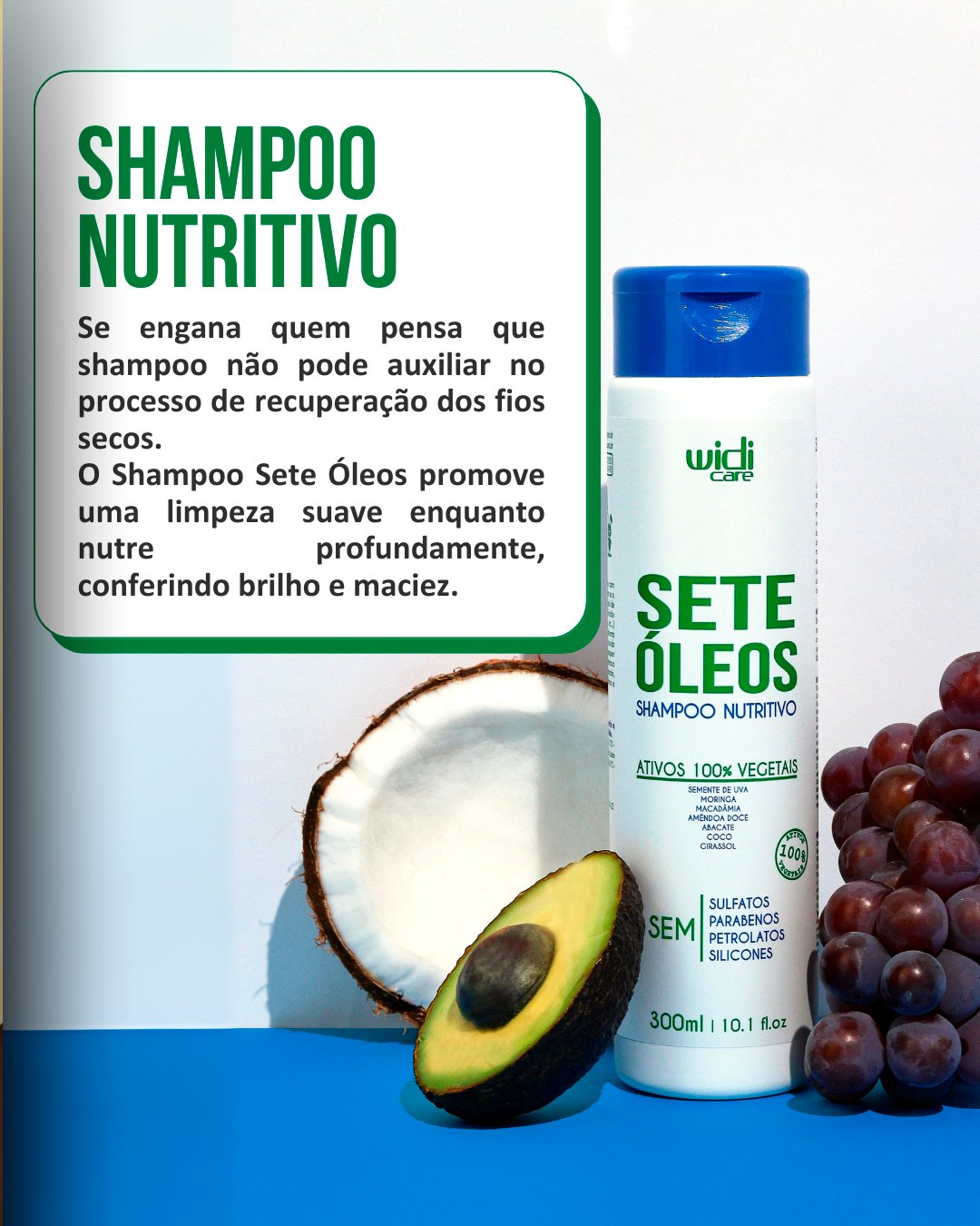 Frasco de shampoo Sete Óleos ao lado de abacate, coco e uvas