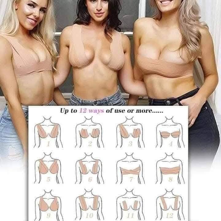 Três mulheres com soutiens adesivos cor pele e gráfico ilustrando 12 formas de usar o soutien.