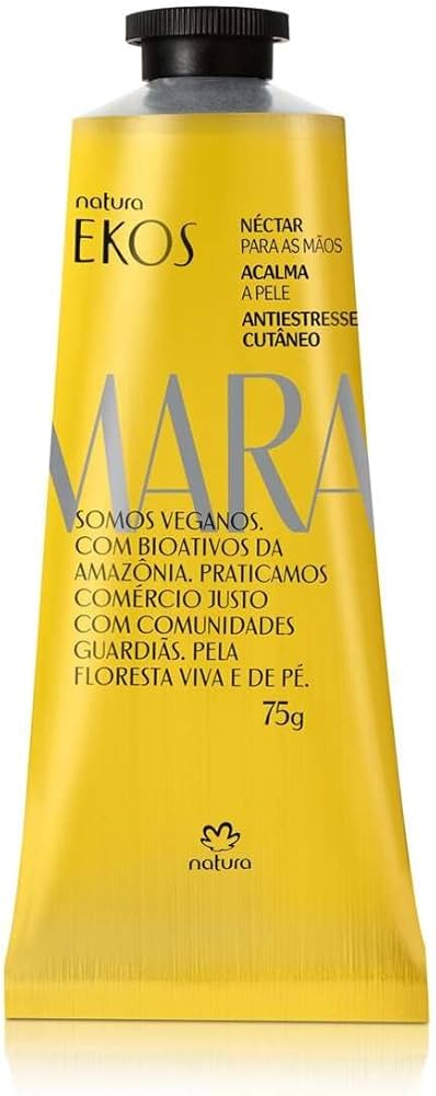 Embalagem amarela de creme para mãos Natura EKOS com texto