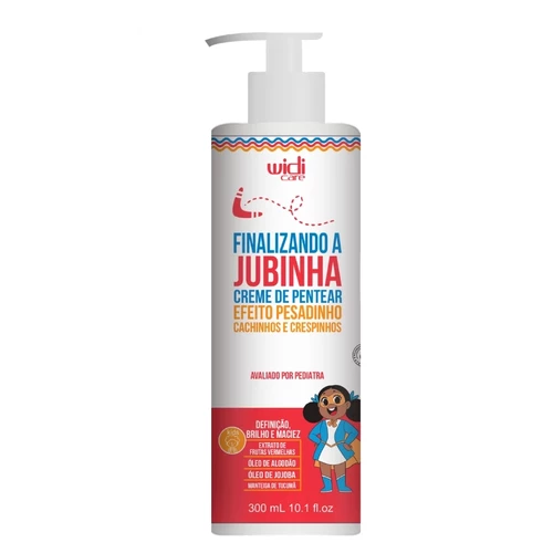 Frasco de creme para pentear Widi Care Finalizando a Jubinha com tampa doseador e desenho de menina