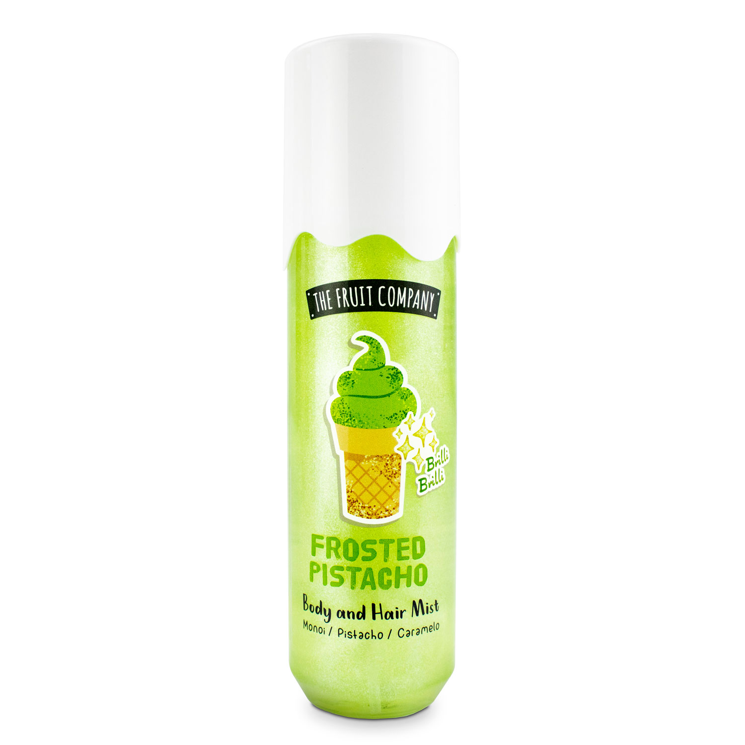 Frasco spray verde e branco com gelado verde e texto FROSTED PISTACHO