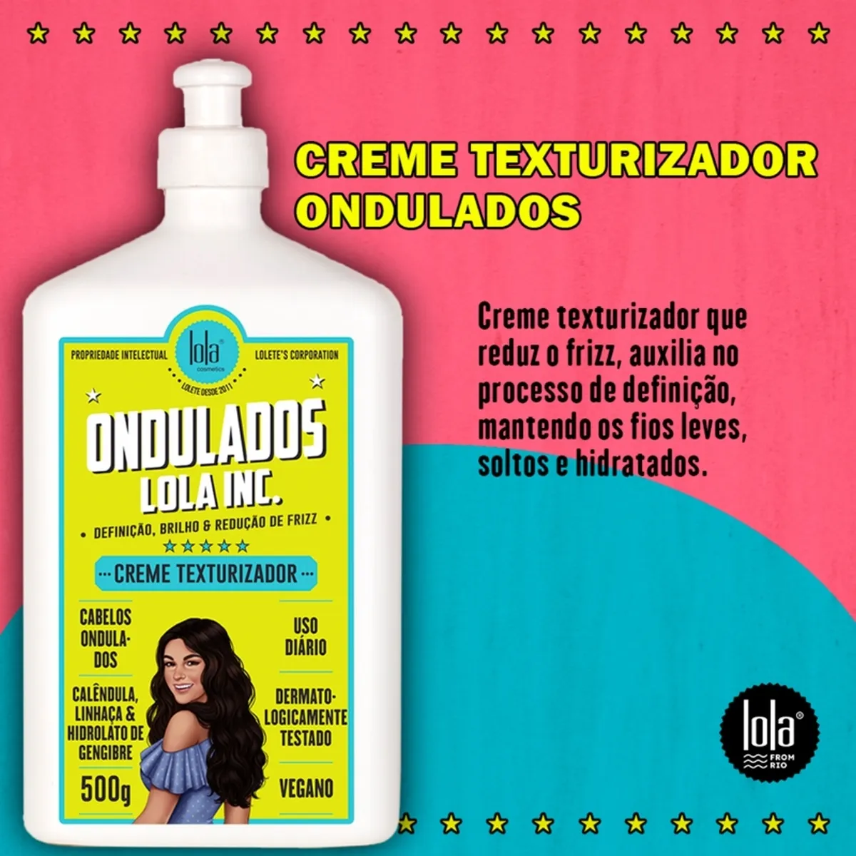 Frasco branco de creme texturizador para cabelos ondulados Lola Inc. com fundo colorido