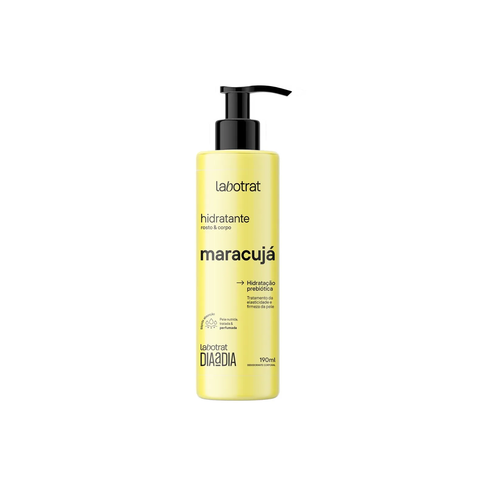 Frasco amarelo de hidratante labotrat maracujá com dispensador preto