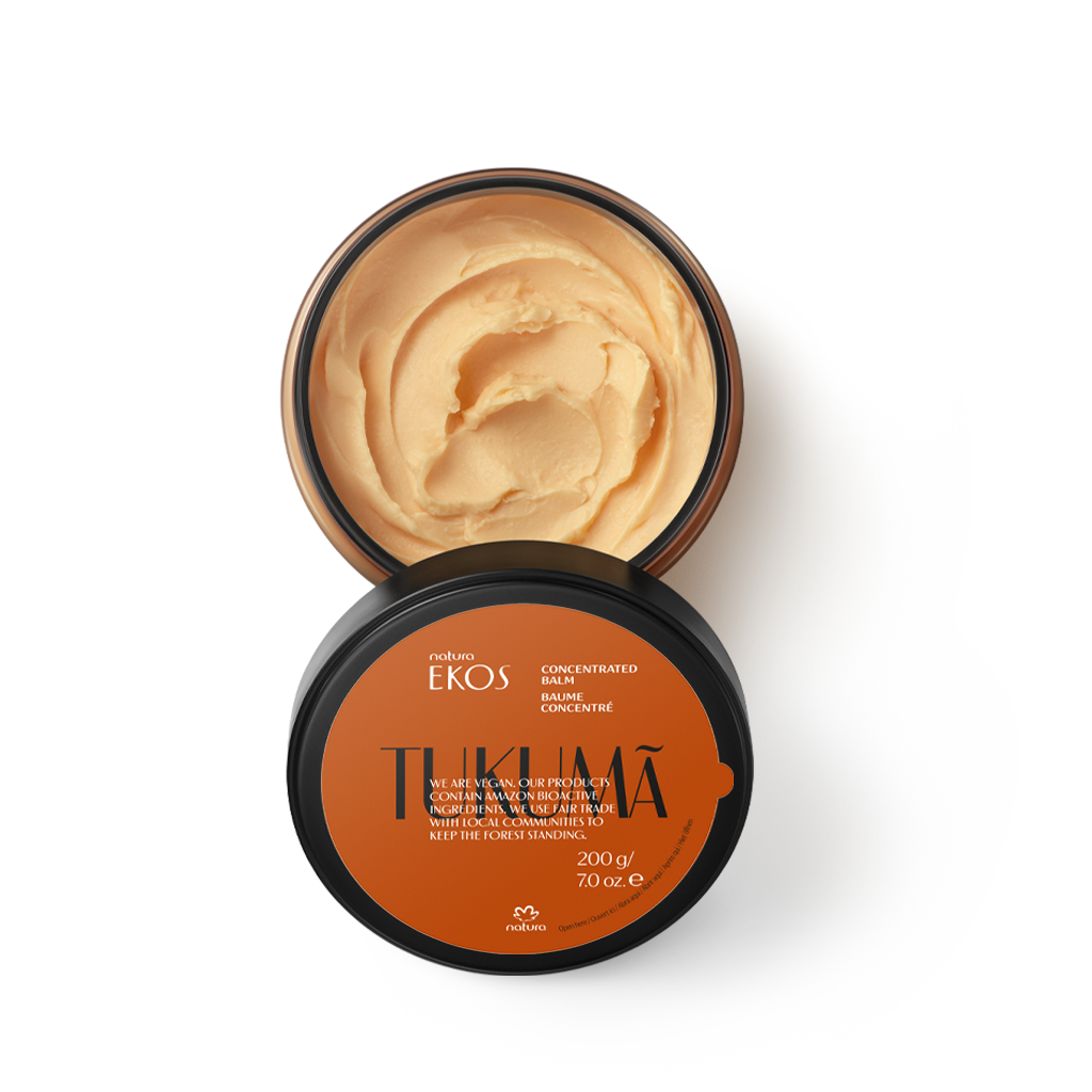 Frasco aberto de creme corporal Natura Ekos com tampa preta e rótulo laranja