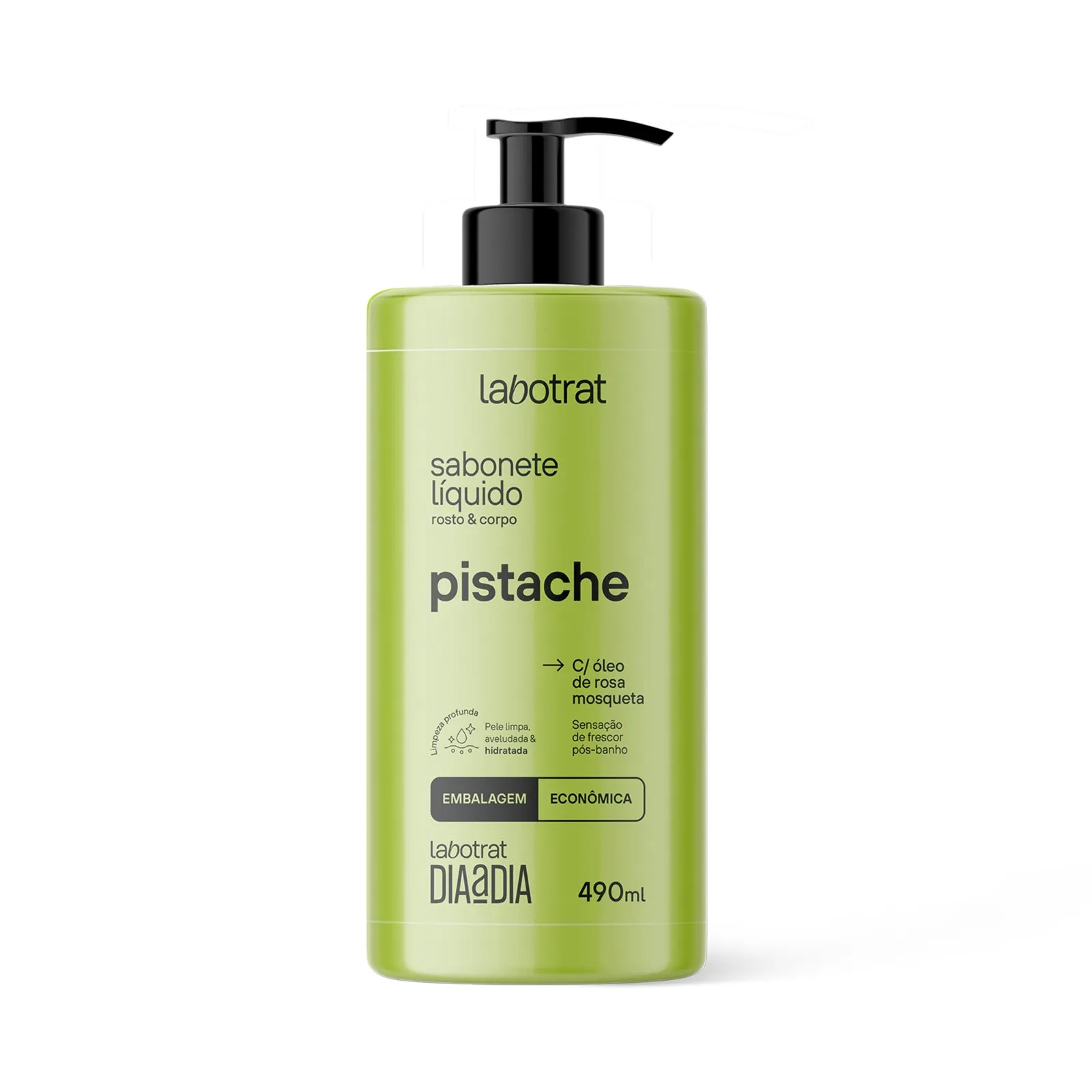 Frasco verde de sabonete líquido pistache Labotrat com bomba preta