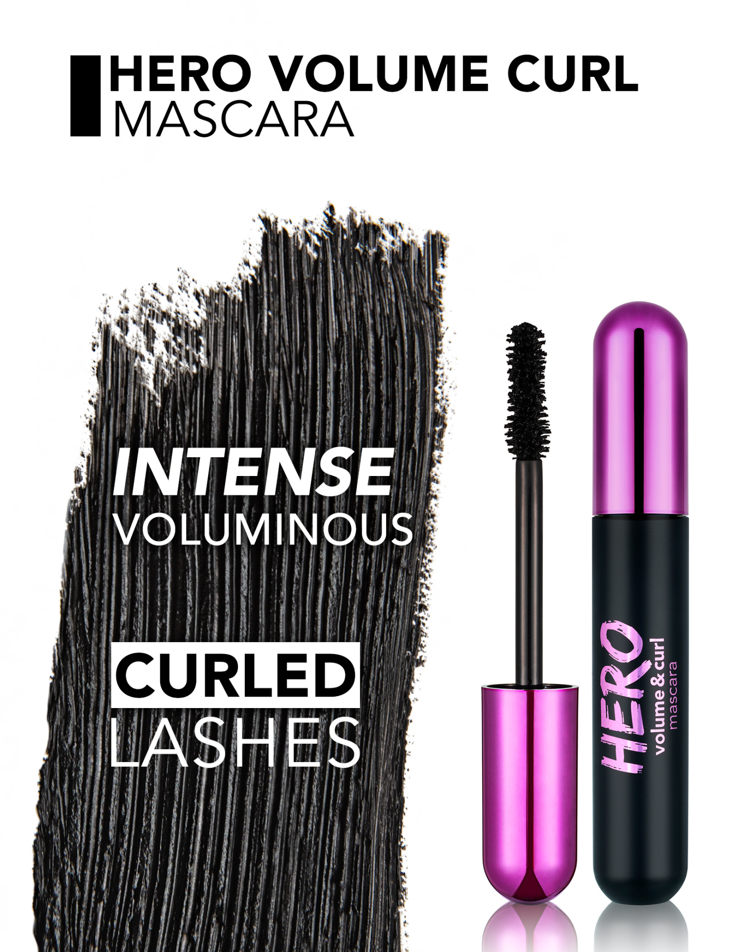 Máscara de pestanas Hero Volume Curl com embalagem preta e tampa roxa metálica