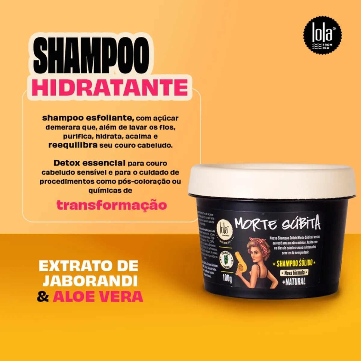 Embalagem preta de shampoo sólido natural Morte Súbita com tampa branca e texto promocional ao fundo laranja