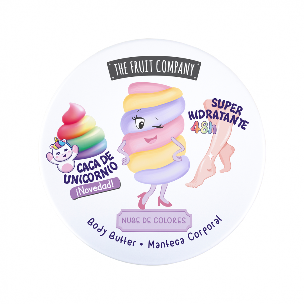 Embalagem redonda branca de creme corporal com desenhos coloridos e texto em espanhol e português.
