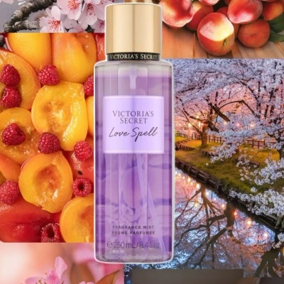 Frasco de névoa perfumada Victoria's Secret Love Spell rodeado de imagens de flores de cerejeira e pêssegos.