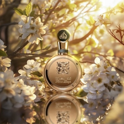 Frasco de perfume dourado entre flores brancas com luz solar